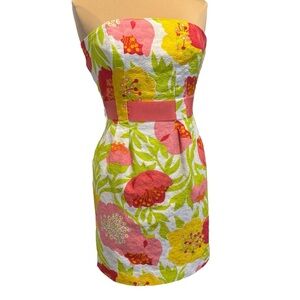 Lilly Pulitzer Strapless Dress Pink White Green Yellow 100% Cotton Floral size 4
